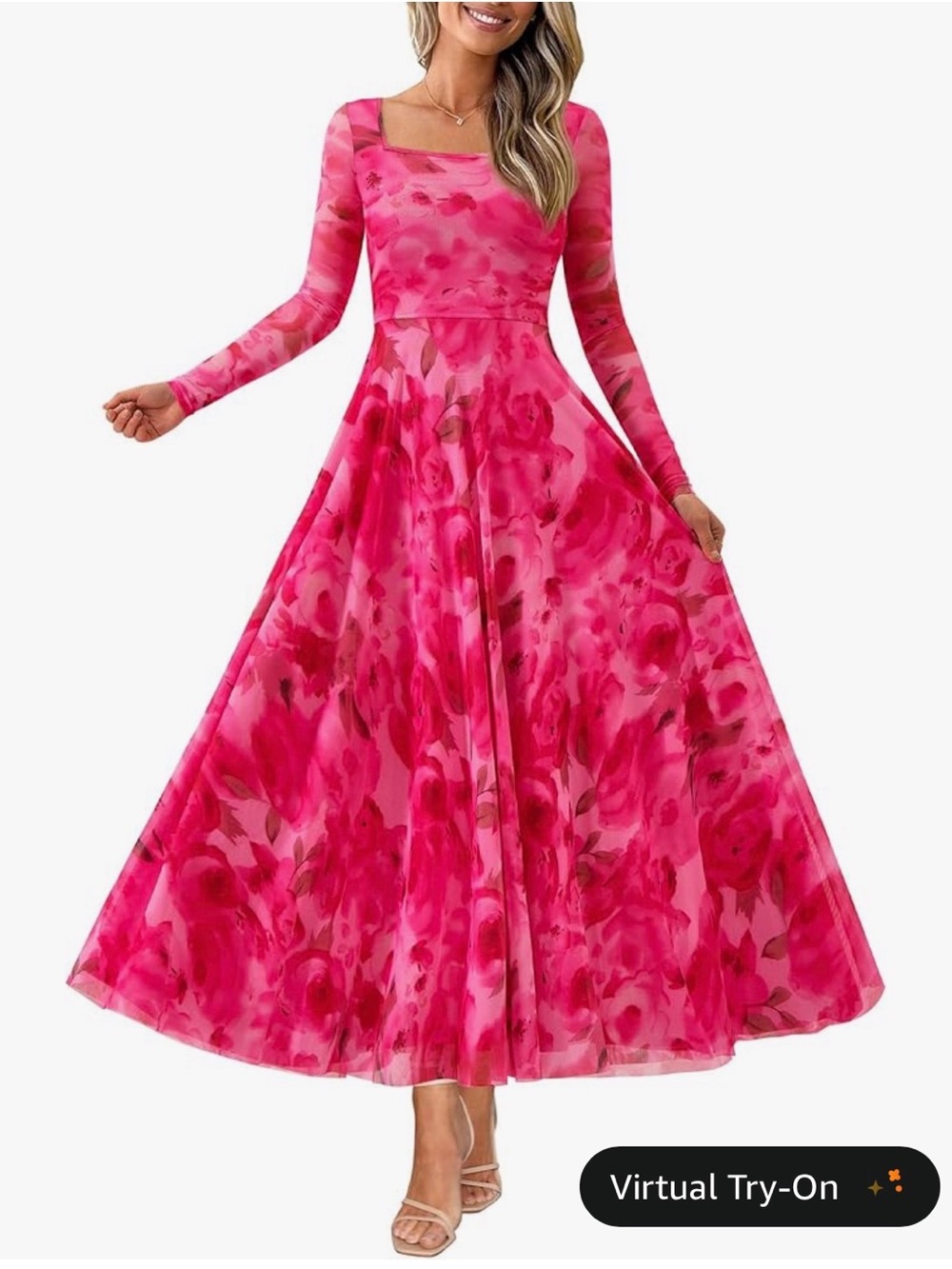 Women's Pink Floral Long-Sleeve Midi Dress